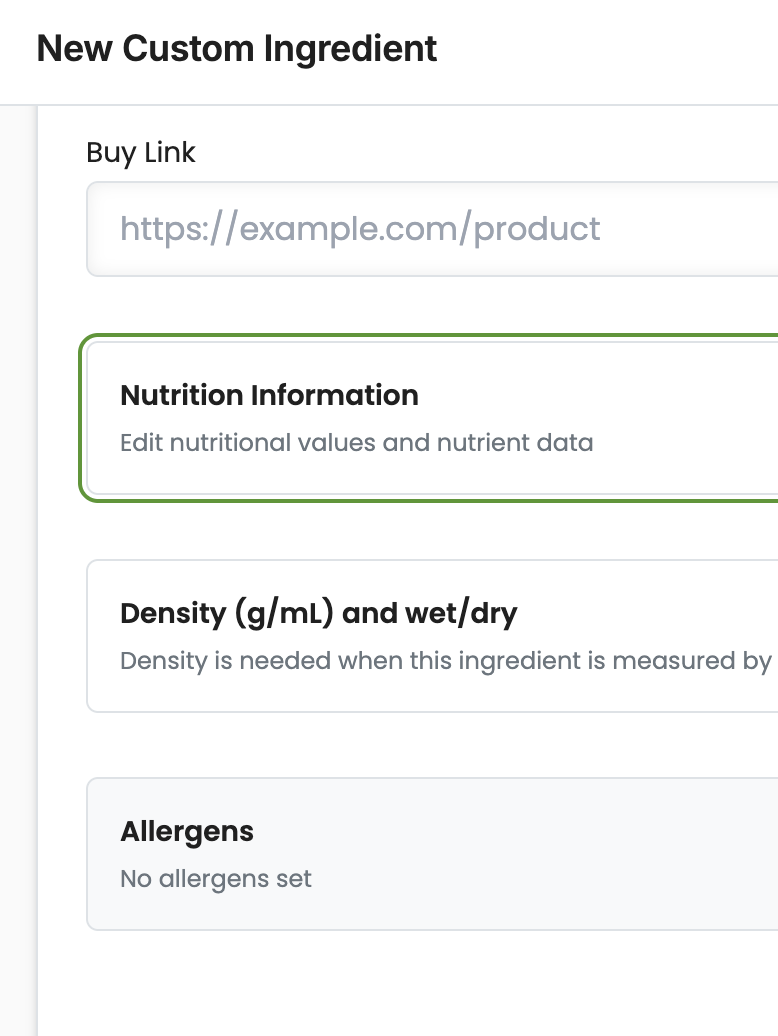 Custom ingredient editor with nutrition values, portion sizes, and unit conversion