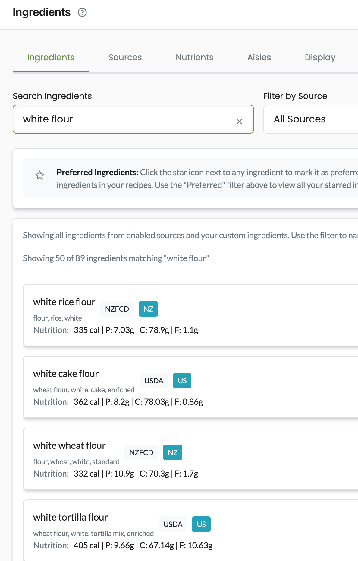 Ingredient search results with authoritative nutrition data and source attribution