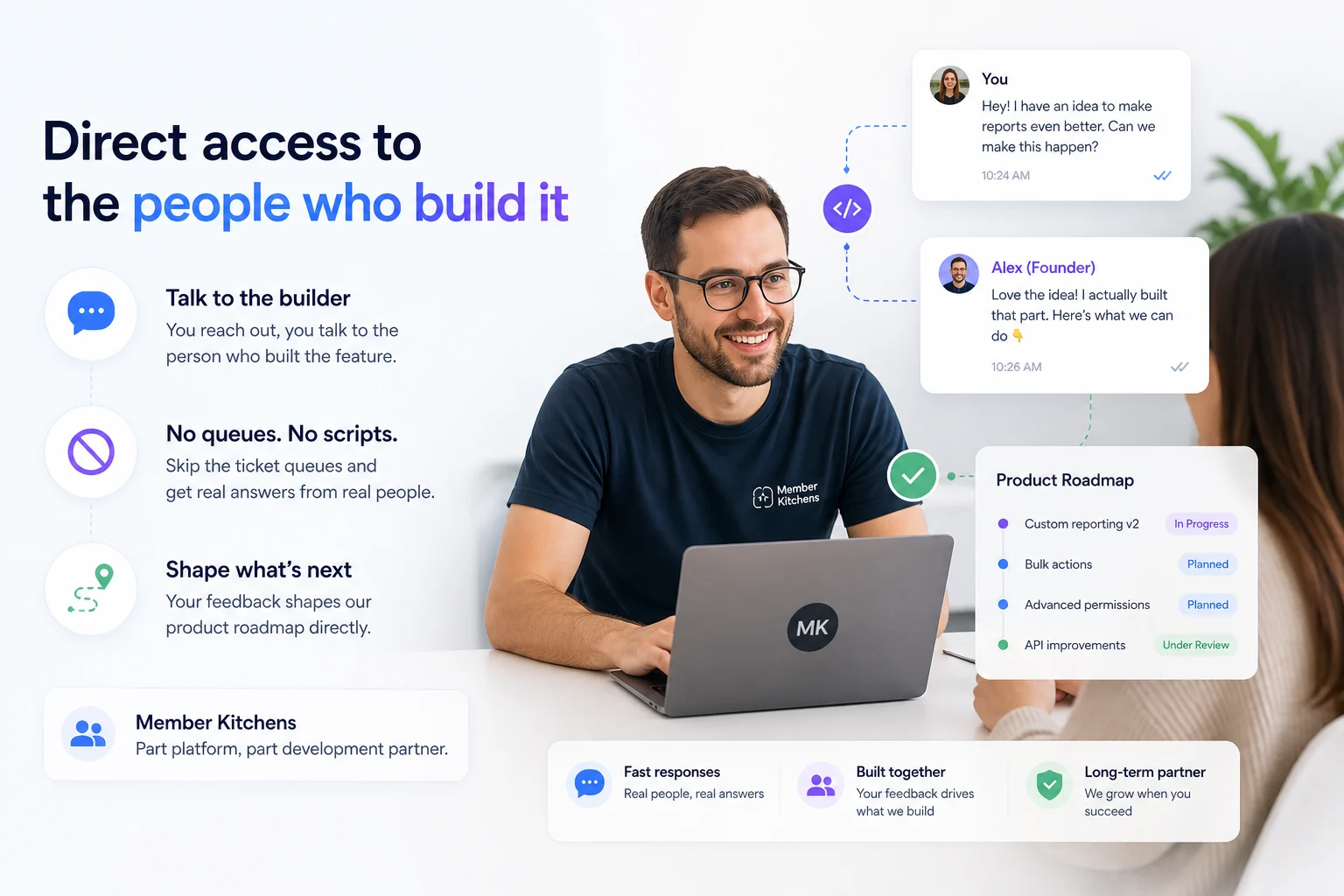 Product experience highlighting direct access to the Member Kitchens team who build the platform