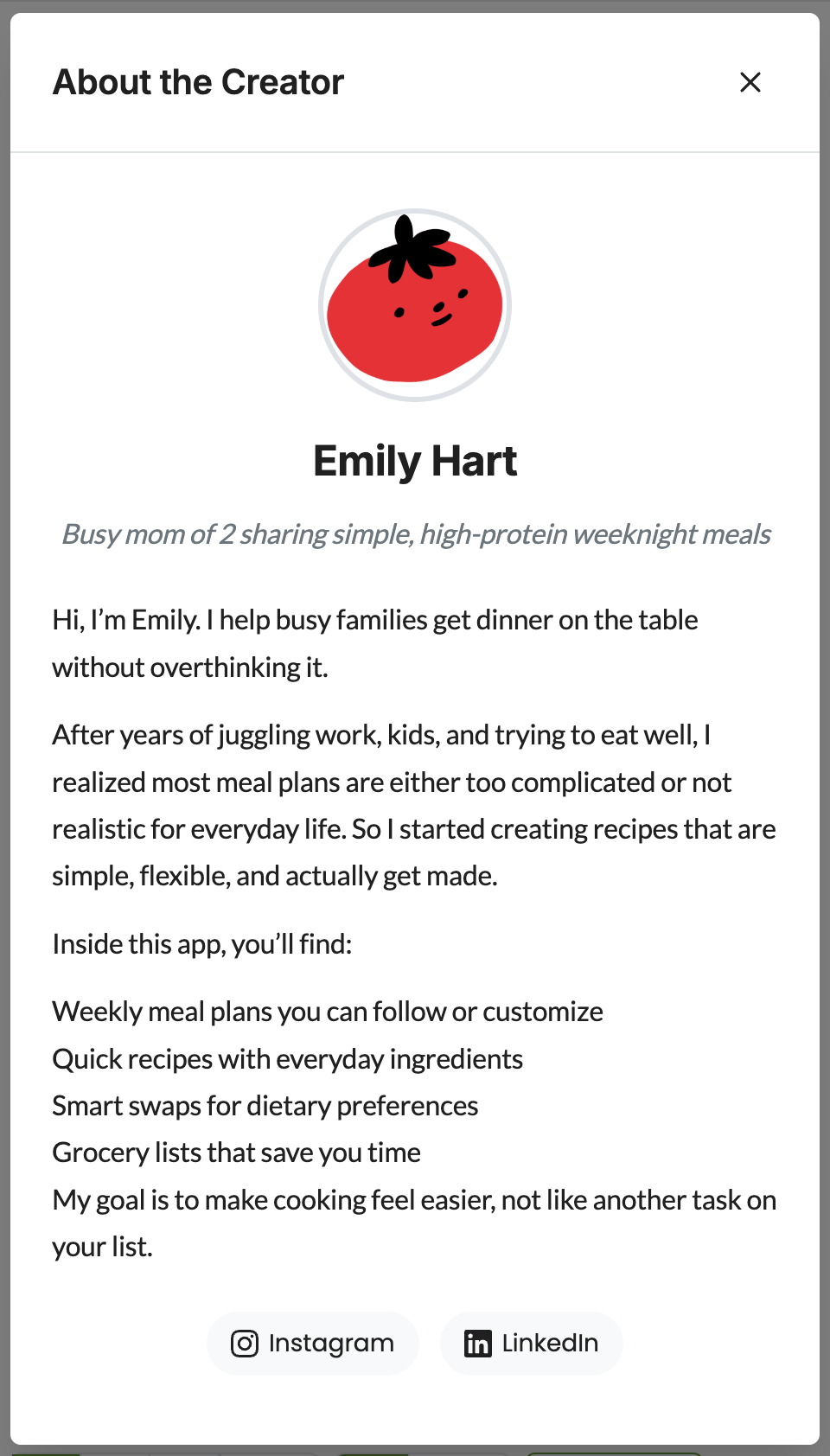 About the creator experience showing personality, photo, and member-facing creator identity