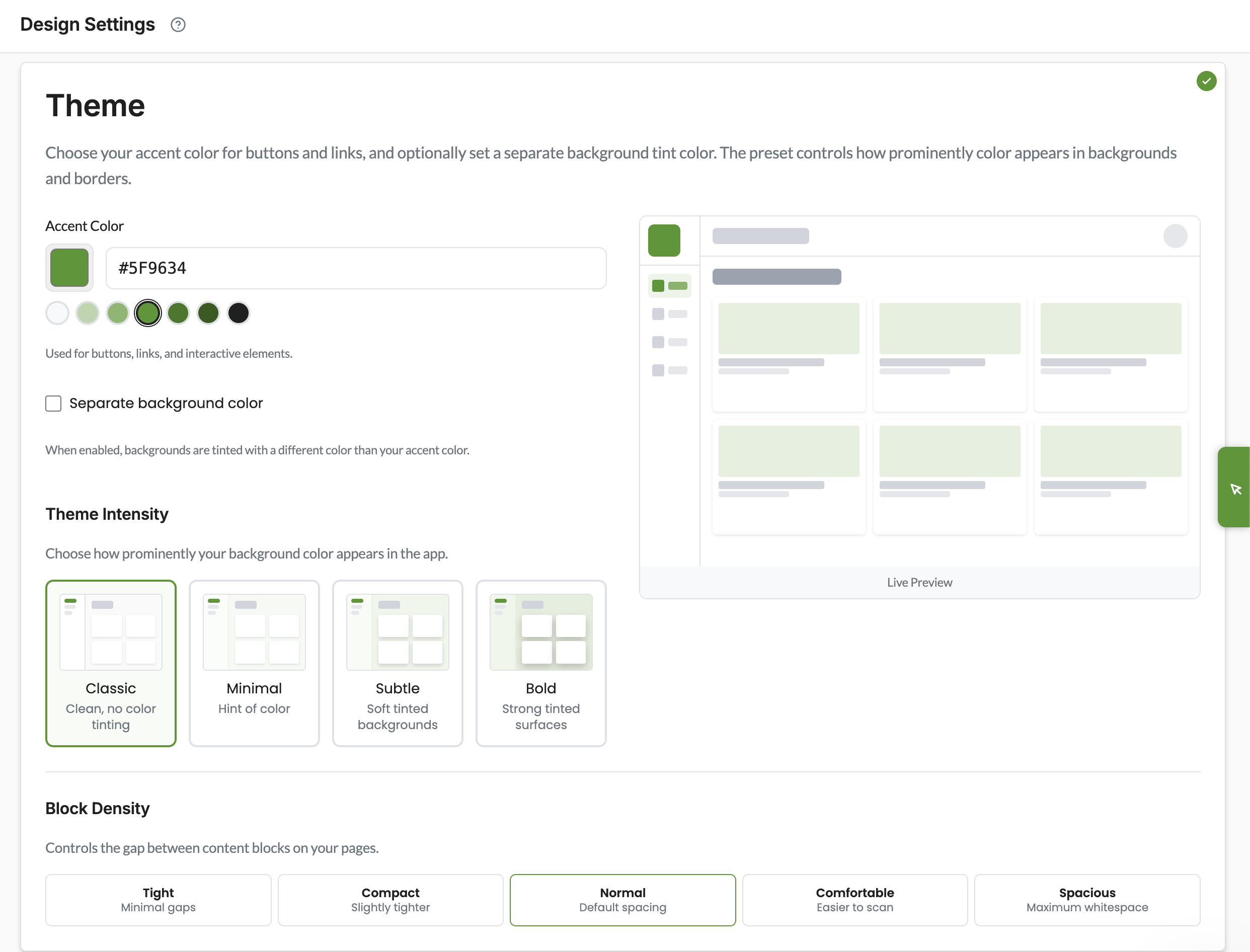 Design theme panel with colors, typography, and appearance controls for the member app